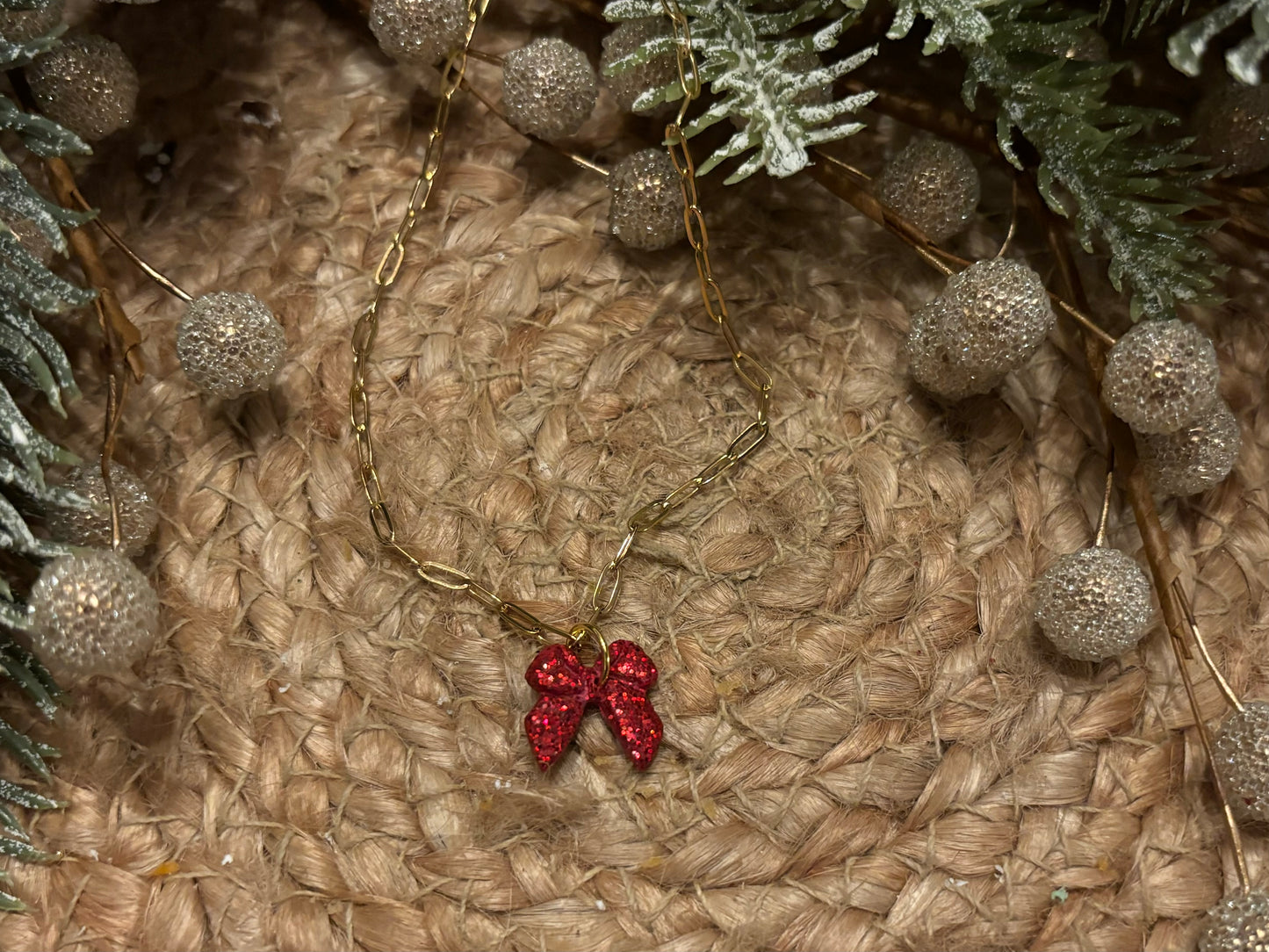 Dainty Red Glitter Bow Necklace