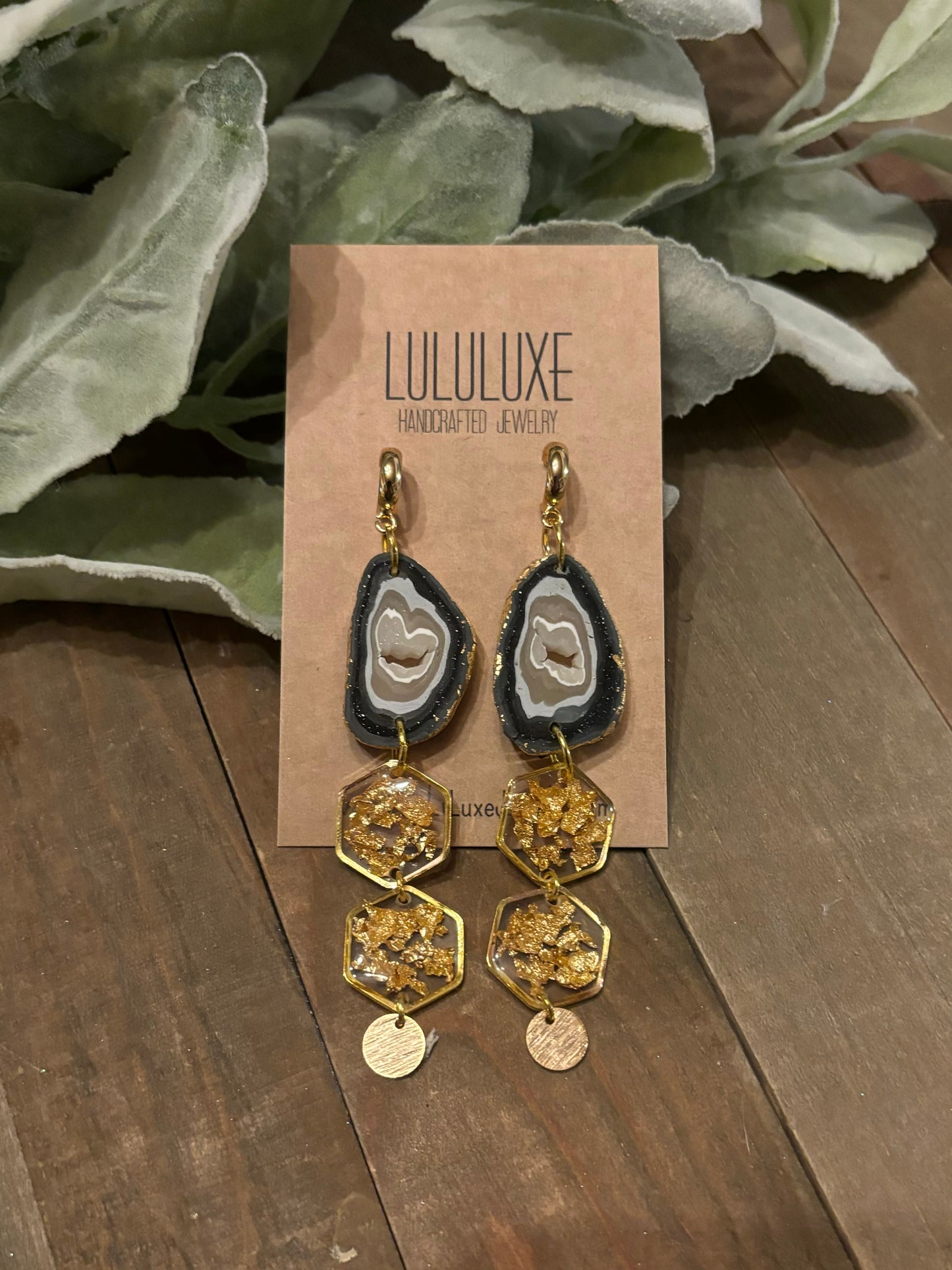 Geode & Gold Leaf statement earrings