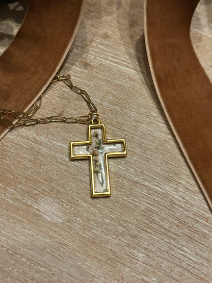 Mustard Seed Pressed Petals Cross Necklace