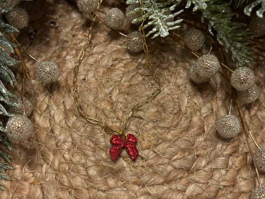 Dainty Red Glitter Bow Necklace