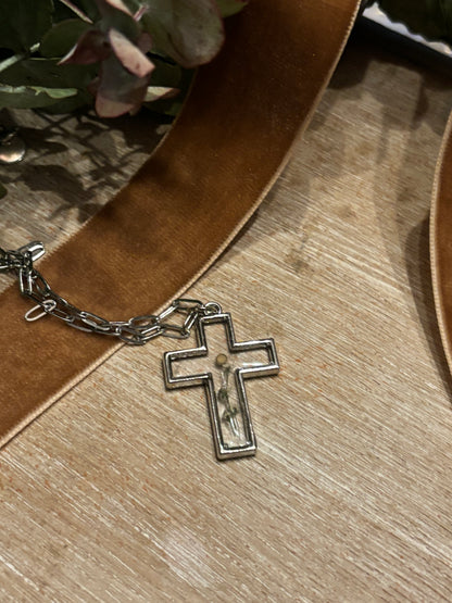 Mustard Seed Pressed Petals Cross Necklace