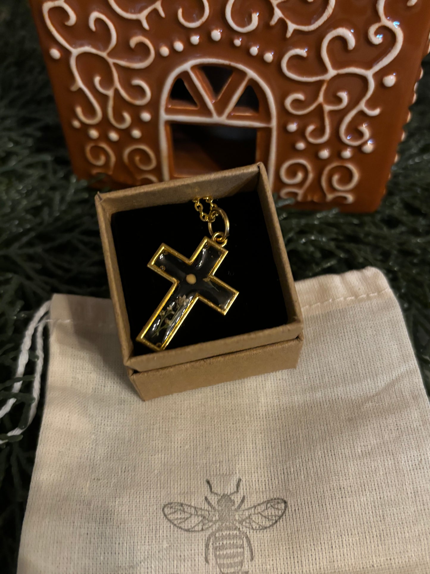 Mustard Seed Pressed Petals Cross Necklace